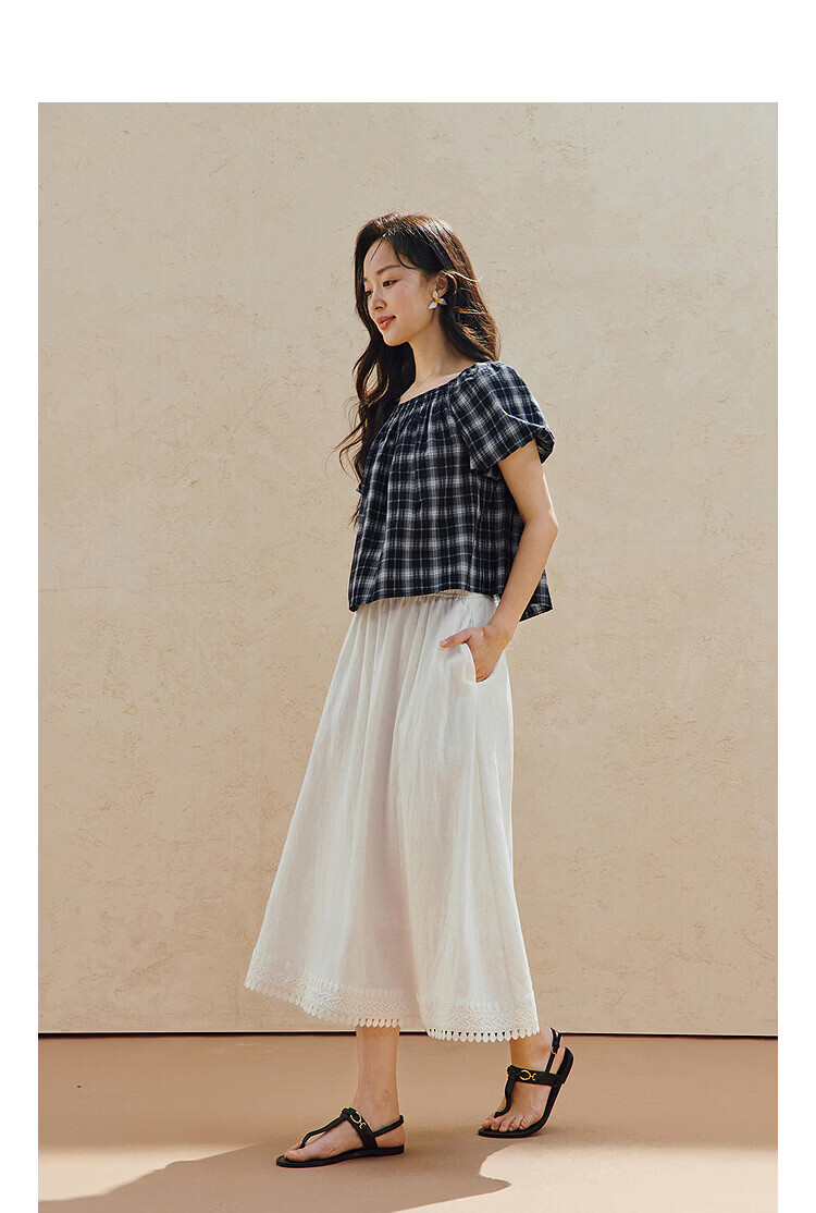 INMAN 100% Xinjiang Cotton Vintage Plaid Lantern Sleeve Shirt 2026 Summer Women's Off-Shoulder Top 4